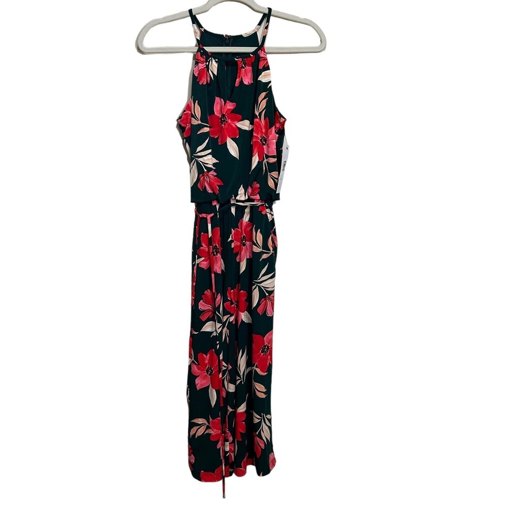 Maggy London‎ Womens Jumpsuit 0 Green Floral Sleeveless Belted Tropical Pantsuit